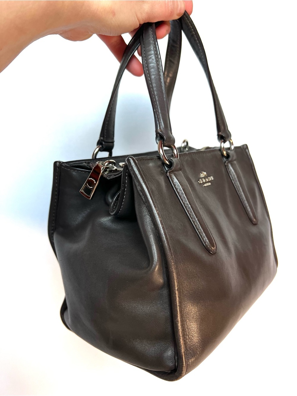 Coach Dark Taupe Small Leather Tote Satchel Bag Silver Hardware - Picture 7 of 14